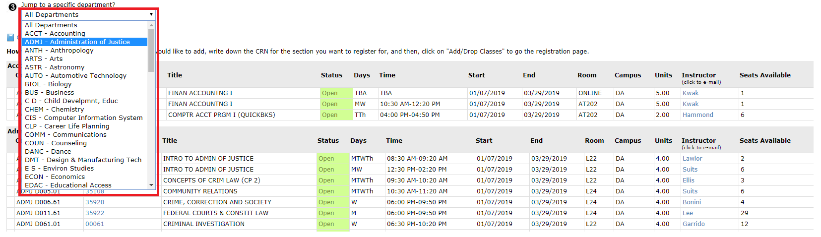 filter classes by department