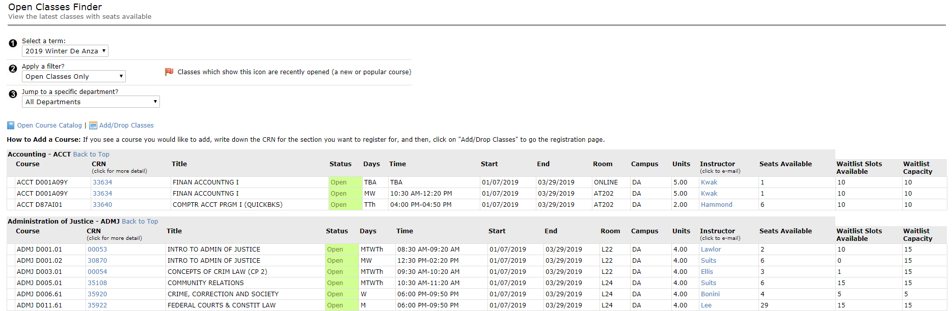 Results from open classes finder with open class filter