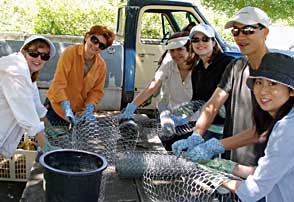 Group of students and instructors during a planting project on a farm.