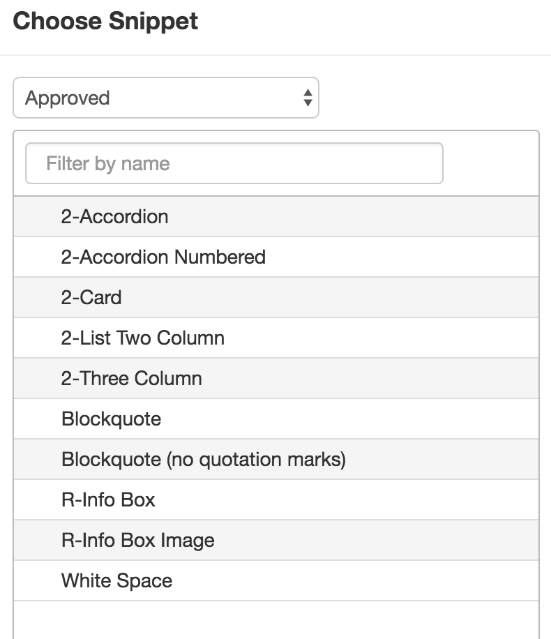 List of snippets approved for use.