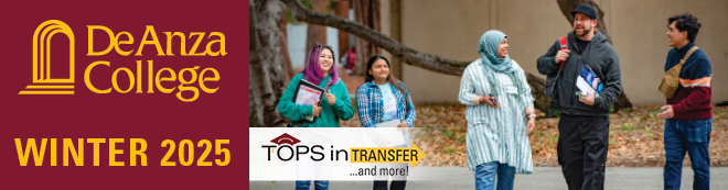 De Anza College Winter 2025 | Tops in Transfer and more! | students standing in front of mural with arms extended